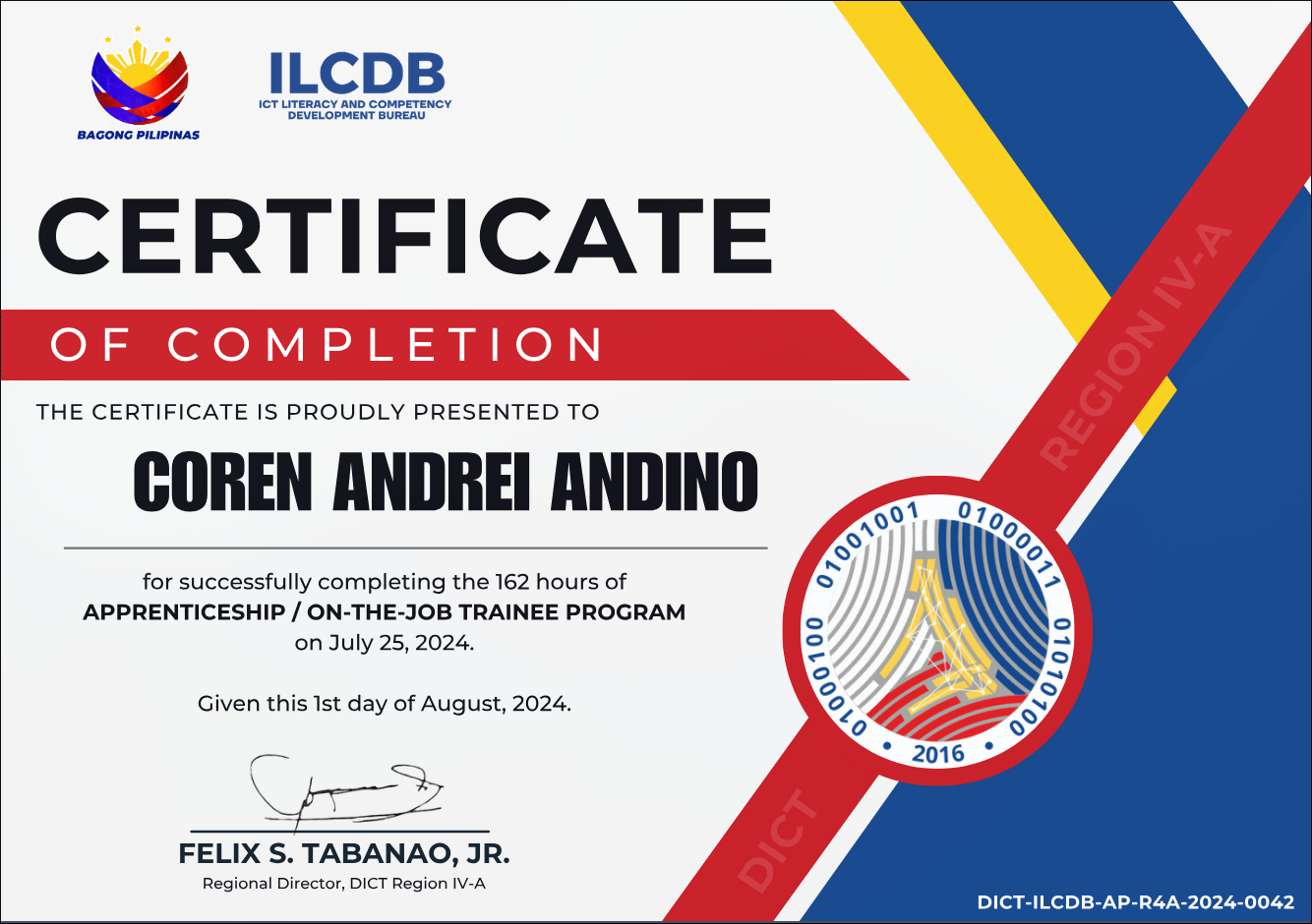 DICT Software Engineer Intern Certificate